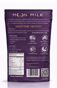 Moon Milk Golden Moon ingredient panel — micellar casein with sleep stack