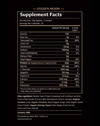 Moon Milk Golden Moon supplement facts — 20g protein, glycine, magnesium, L-theanine, apigenin