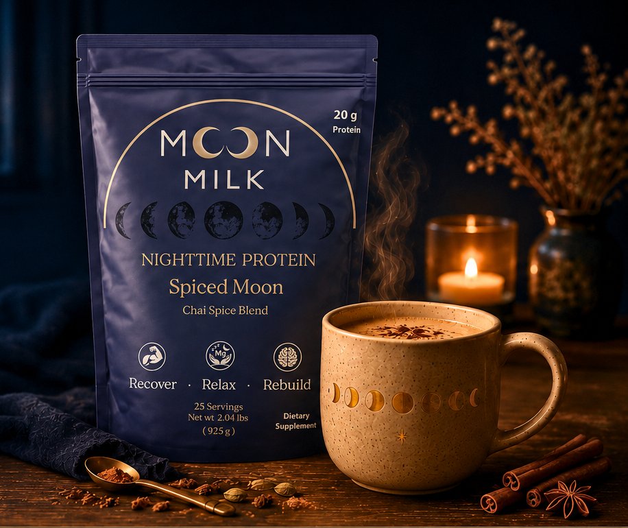 Spiced Moon bag beside a warm mug of Moon Milk by candlelight