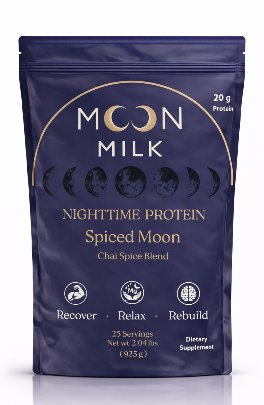 Moon Milk Spiced Moon nighttime casein protein bag — chai blend, 20g protein, 25 servings