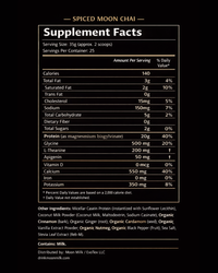 Moon Milk Spiced Moon supplement facts — 20g protein, glycine, magnesium, L-theanine, apigenin