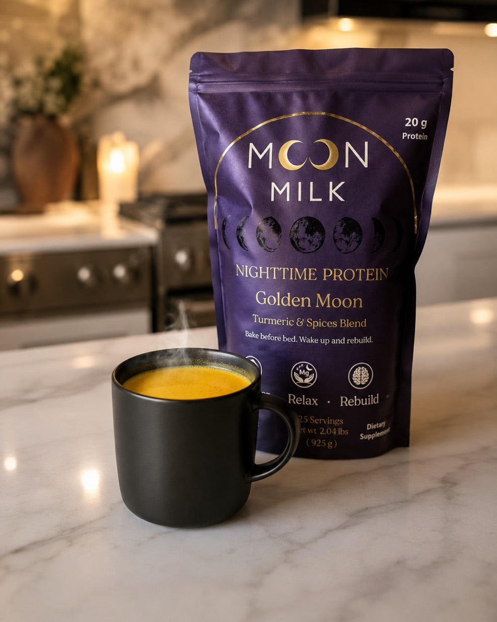 A warm mug of Moon Milk beside the Golden Moon bag