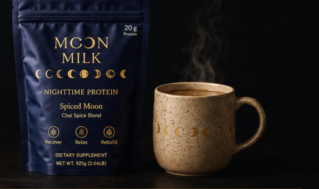 Spiced Moon bag beside a steaming mug of Moon Milk