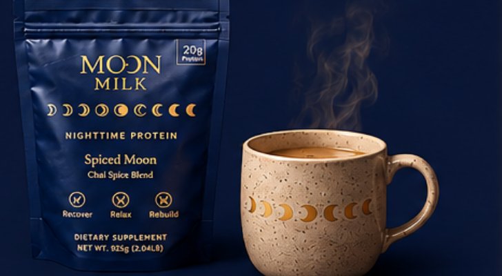 Spiced Moon bag beside a steaming mug of Moon Milk