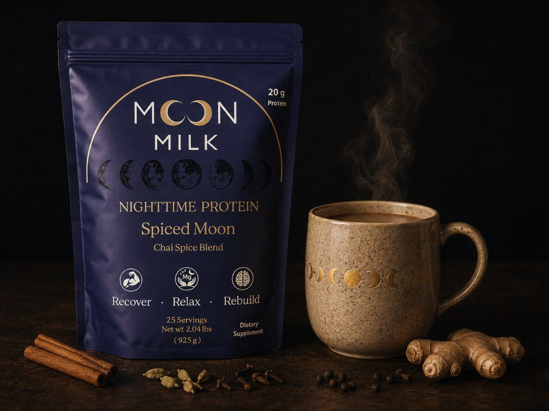 Spiced Moon bag beside a steaming mug of Moon Milk
