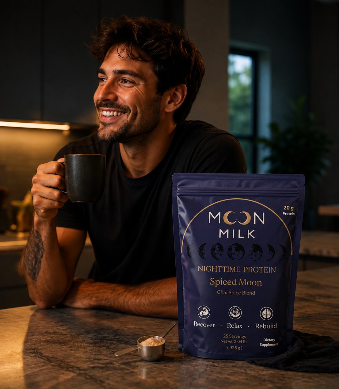 Man enjoying a warm mug of Moon Milk in his kitchen beside a Spiced Moon bag