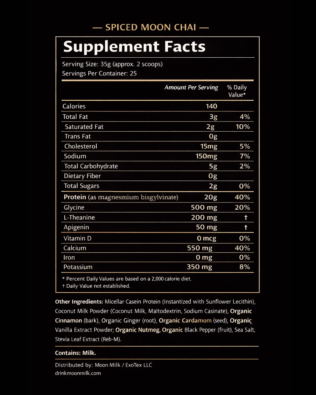 Spiced Moon – Chai Blend supplement facts panel