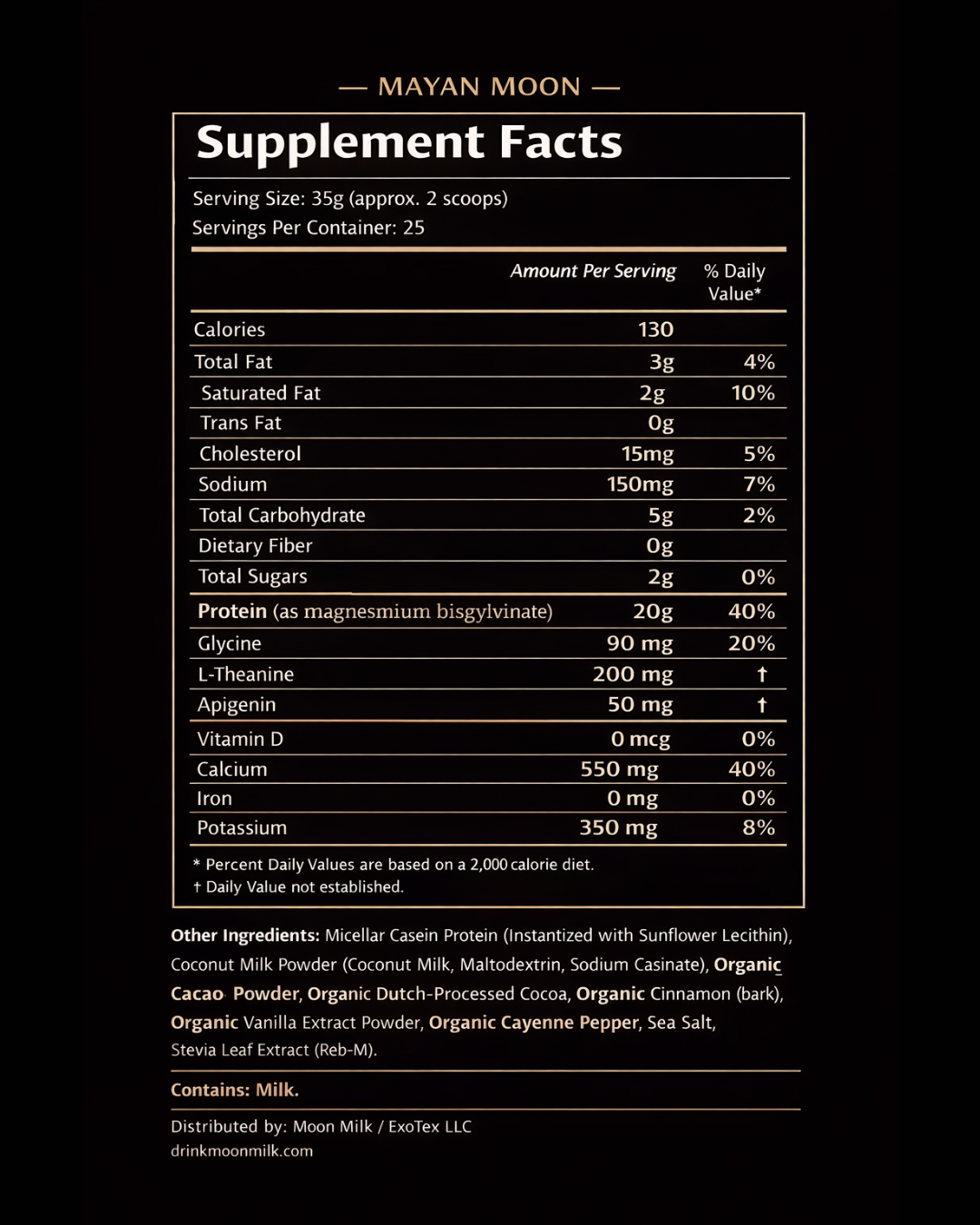 Mayan Moon — Cacao Blend supplement facts panel